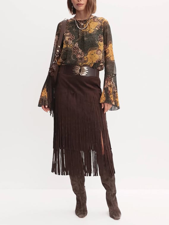 Retro Paisley Print Bell-sleeve Shirt Two-piece Set