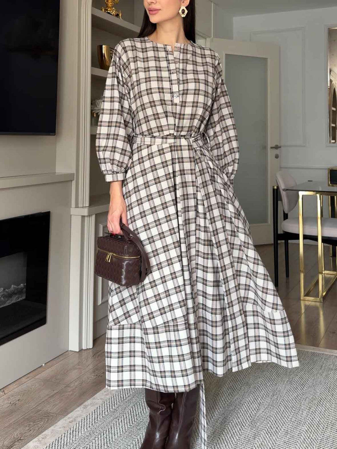 Casual Plaid Print Belted Maxi Dress