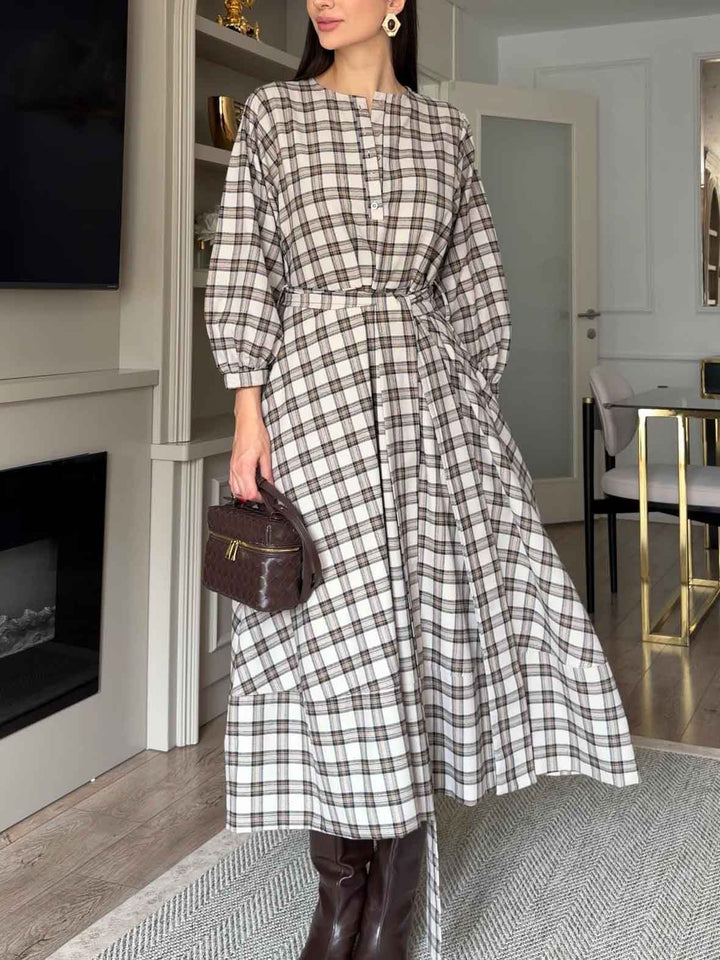 Casual Plaid Print Belted Maxi Dress