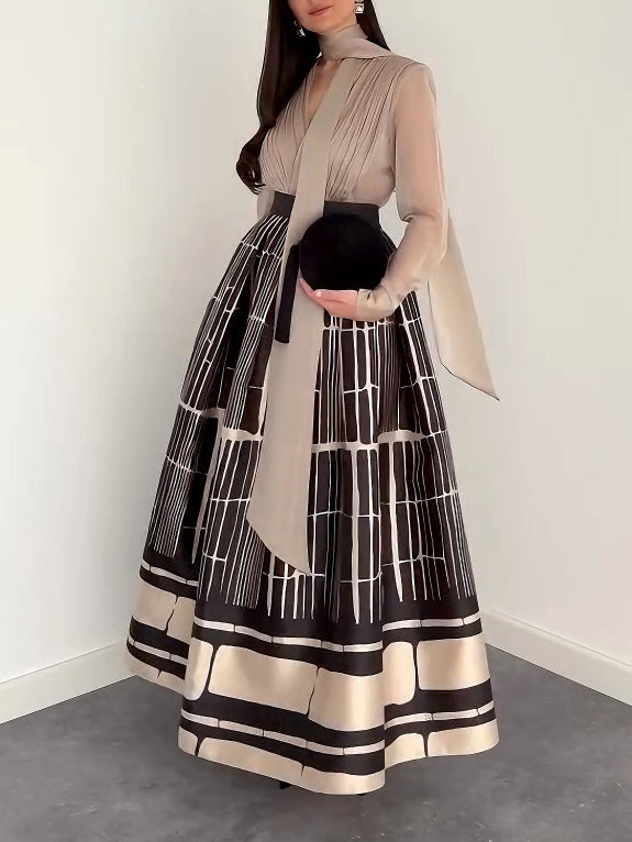 Elegant Satin Printed A-line Skirt Two-piece Set