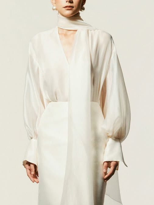 Elegant Sheer Scarf Blouse & Layered Midi Skirt Set