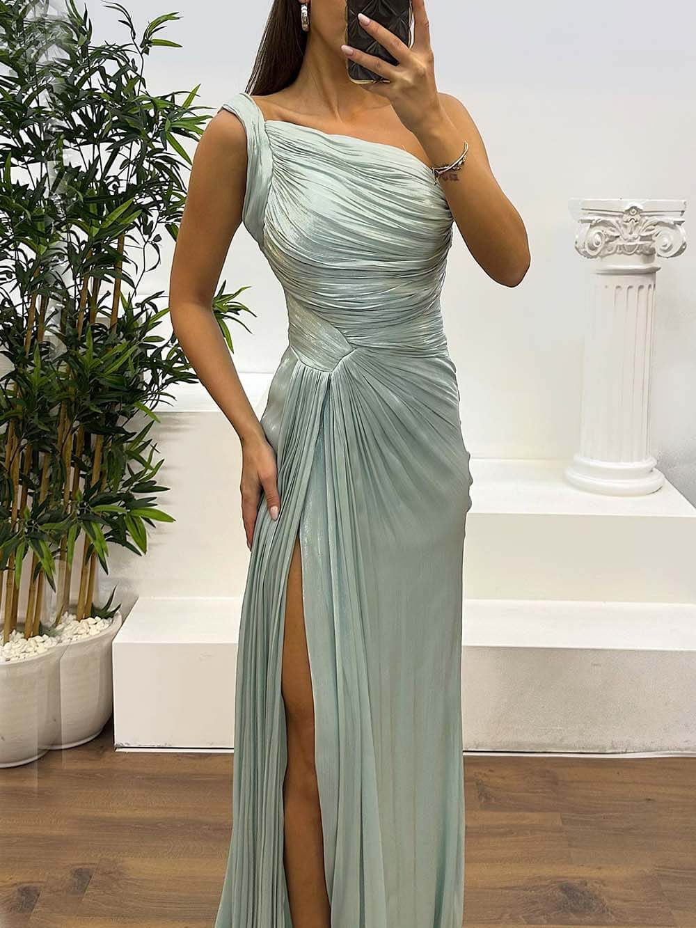 Elegant Fashion One-shoulder Pleated Ribbon Slim Slit Maxi Dress