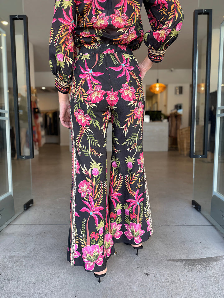 Unique Tropical Botanical Floral Print Elastic Waist Pocket Straight-Leg Pants