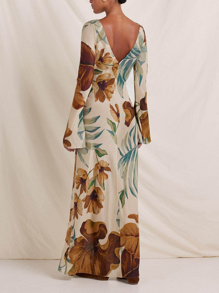 Simple Unique Plant Pattern Print Back Hollow Out Maxi Dress