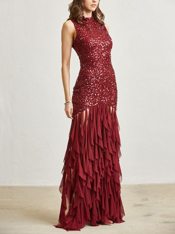 Elegant Sequined Backless High-neck Maxi Dress