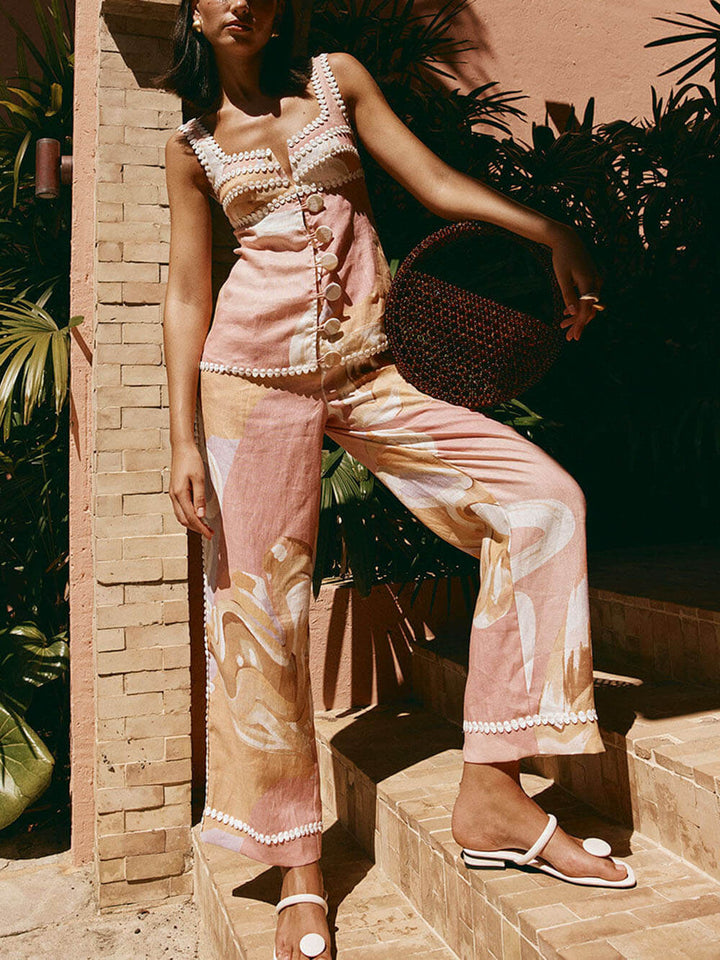Summer Linen Blend Flowers Trims High Rise Pocket Loose Pants