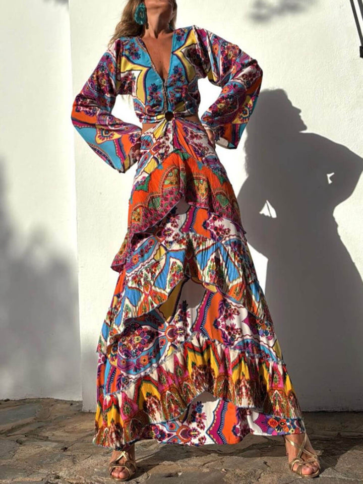 Unique Print Bell Sleeve Cutout Waist Layered Maxi Dress