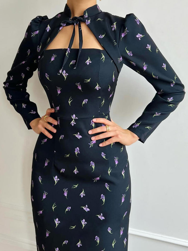 Elegant Printed High Neck Tie-Waist Slit Maxi Dress