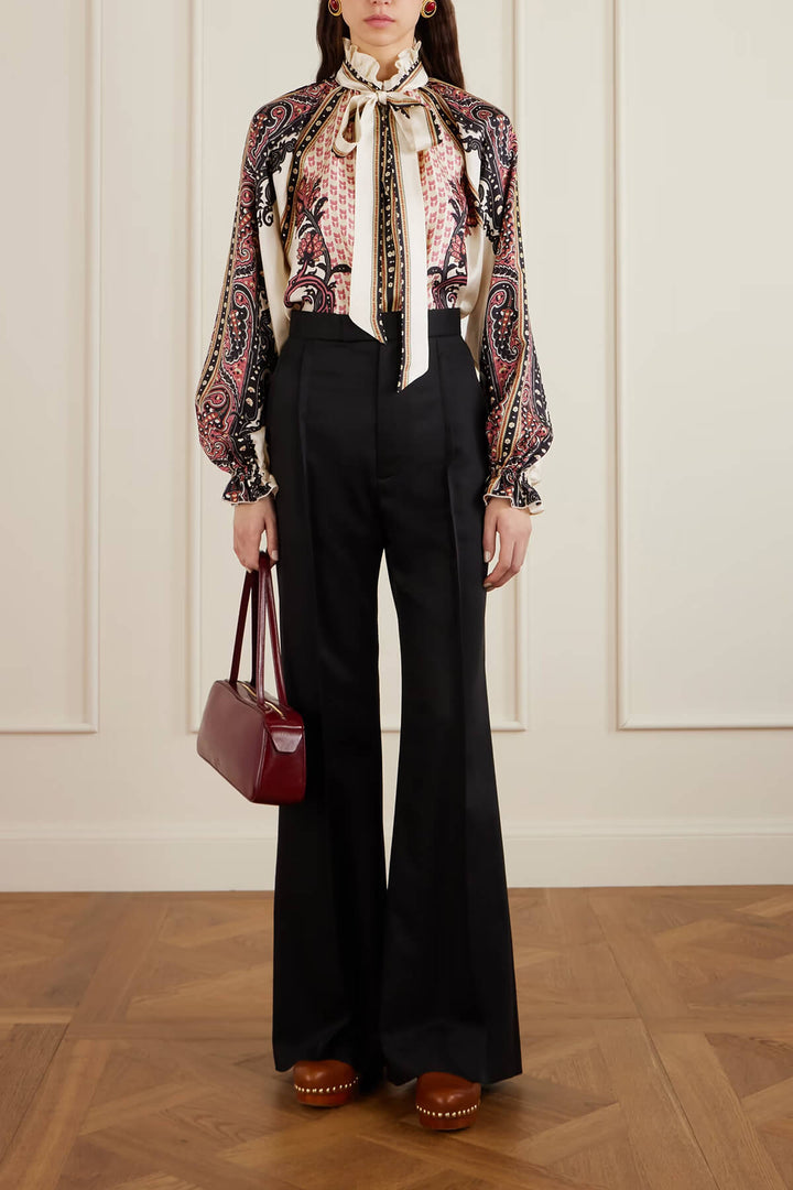 Exquisite Bow Ruffle Floral Printed Satin Twill Blouse