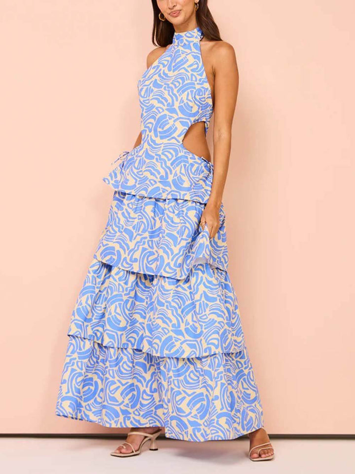 Delicate Blue Swirl Print Halter Neck Backless Maxi Dress