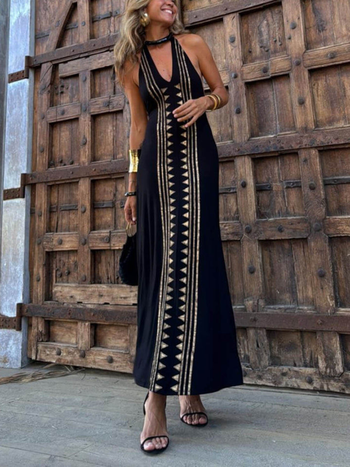 Unique Meret Gold Geometric Print Halter Backless Stretch Maxi Dress