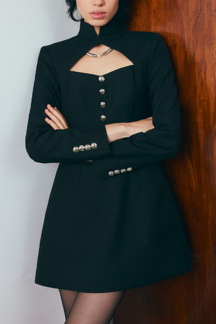 Exquisite Hollowed-out Button-down Slim-fit Mini Dress