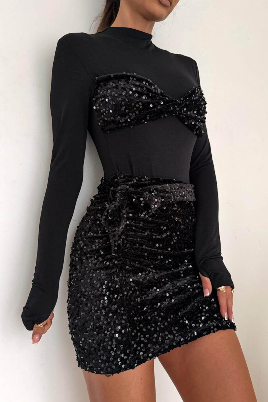 Delicate Sequin Panel Waist-Cut Mini Dress