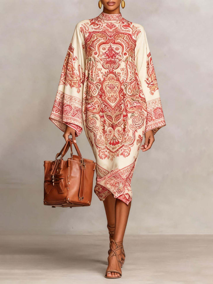Retro Paisley Print Round Neck Flared Sleeve Midi Dress