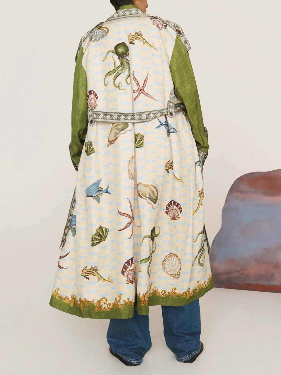 Unique Deep Sea Floral Print Loose Long Trench Coat