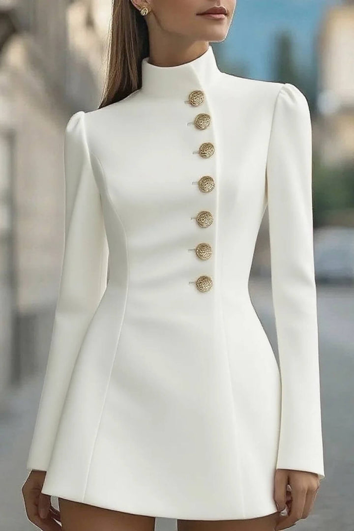 Elegant Retro High-Neck Metal Button Party Mini Dress