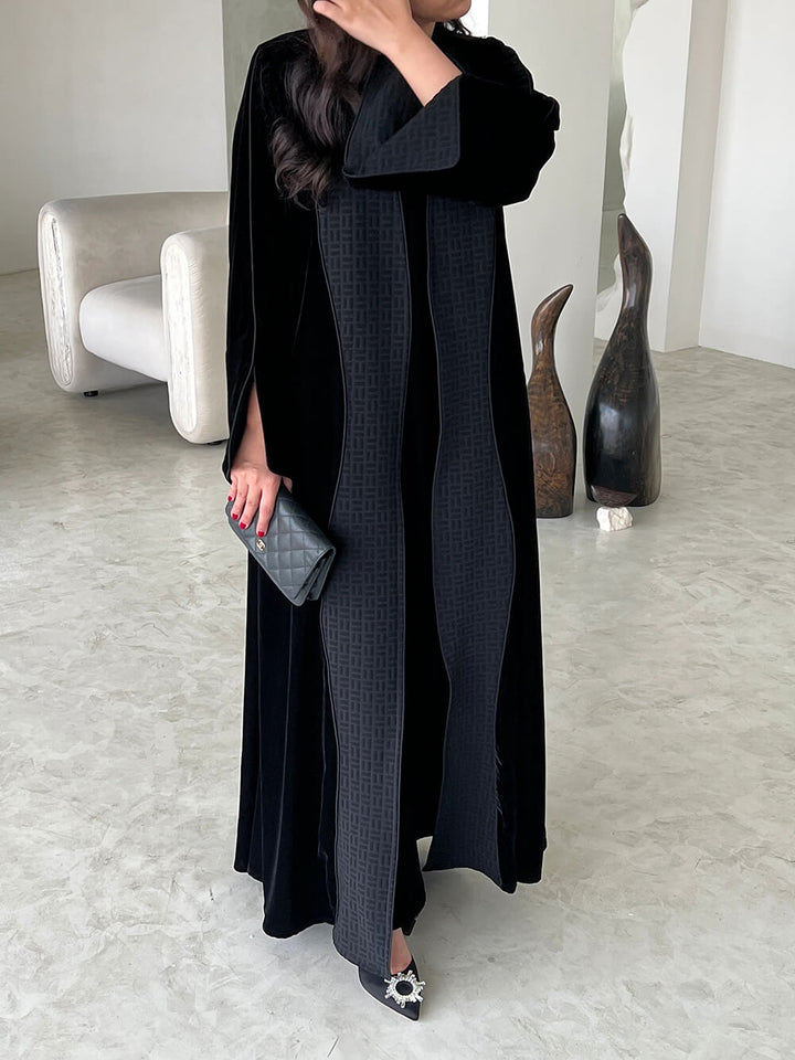 Elegant Black Printed Velvet Robe Cardigan