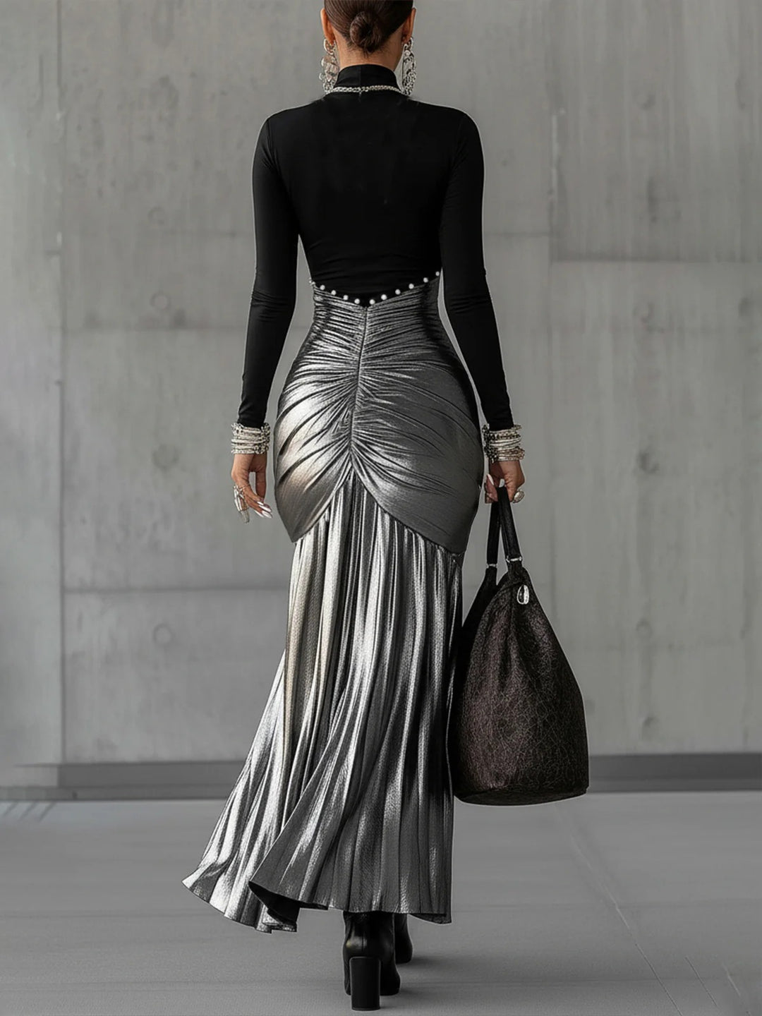 Elegant Round Neck Metallic Silver Pleated Maxi Dress