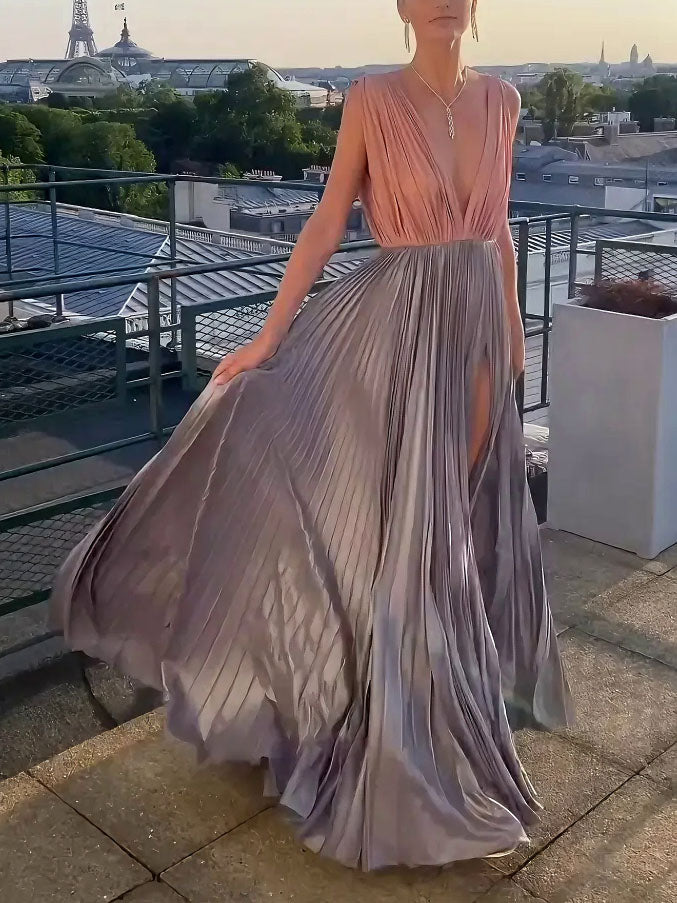 Elegant V-neck Pleated Color-contrast Maxi Dress