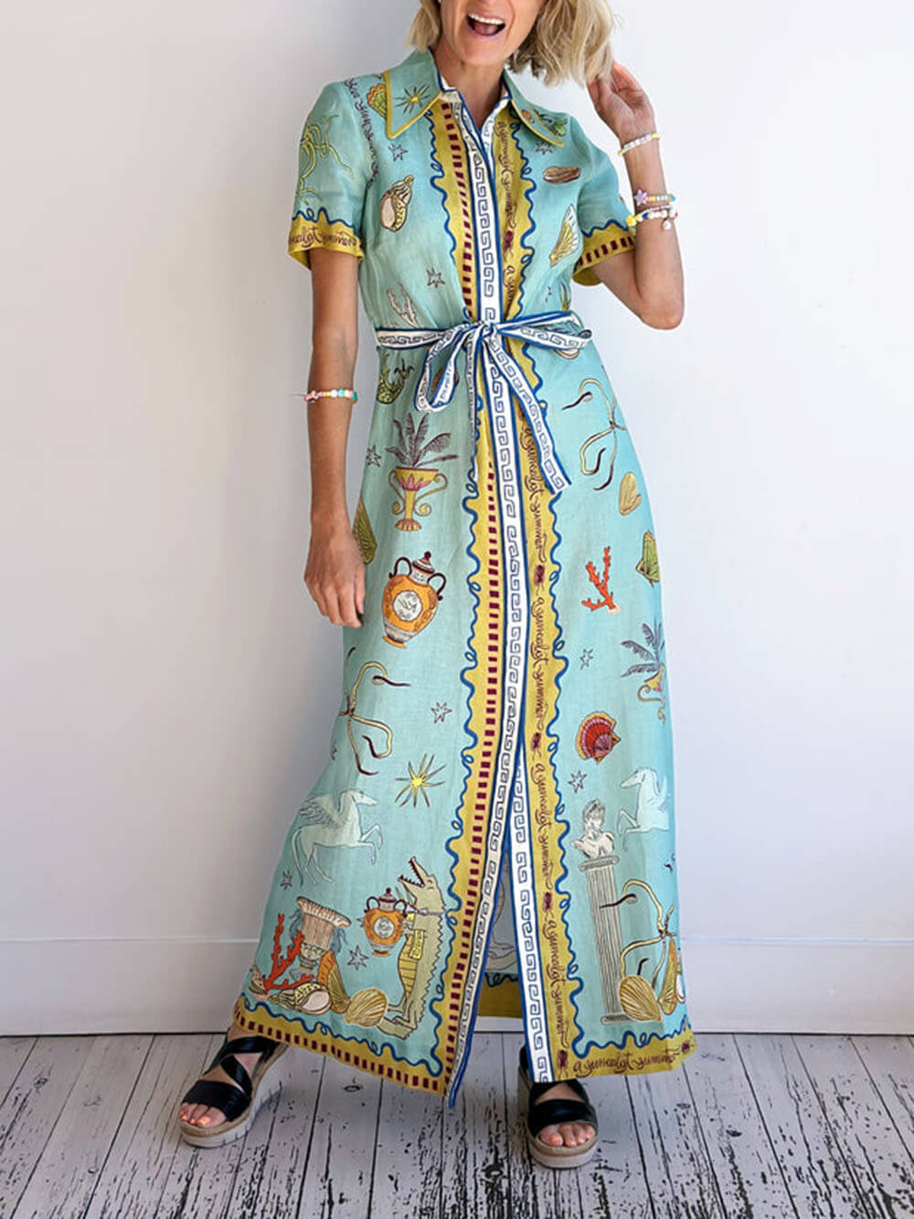 Modern Surrealist Unique Ocean Print Summer Maxi Shirtdress