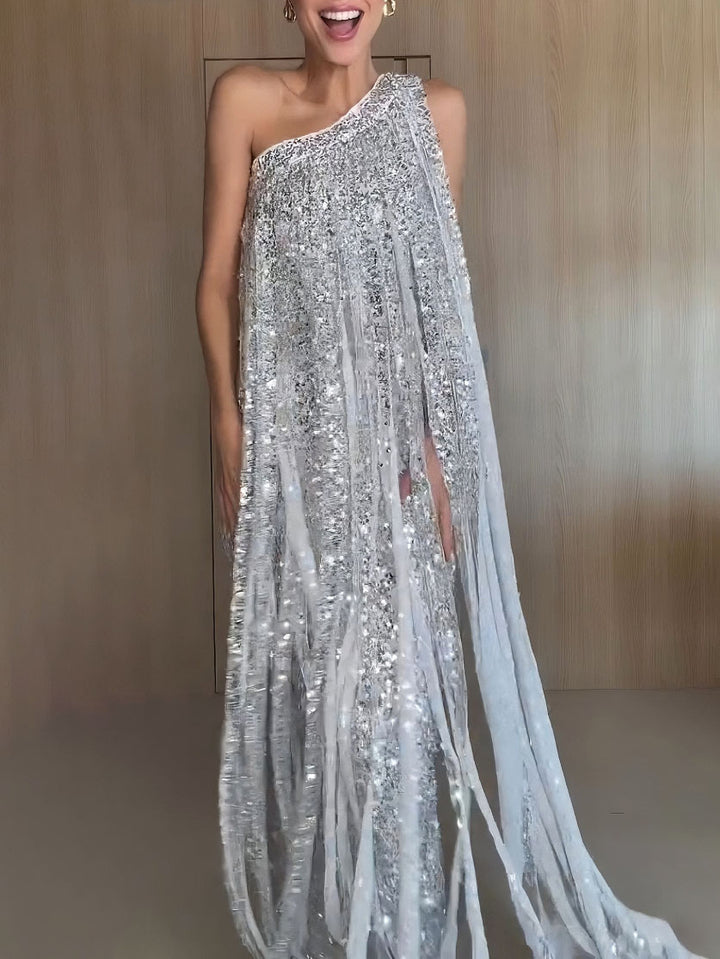 Elegant One-shoulder Neckline Tassel Sequin Maxi Dress