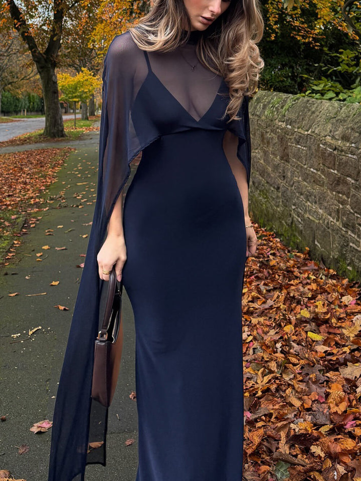 Sexy Navy Blue V-neck Sleeveless Sheer Fit Shawl-Style Spaghetti Strap Maxi Dress