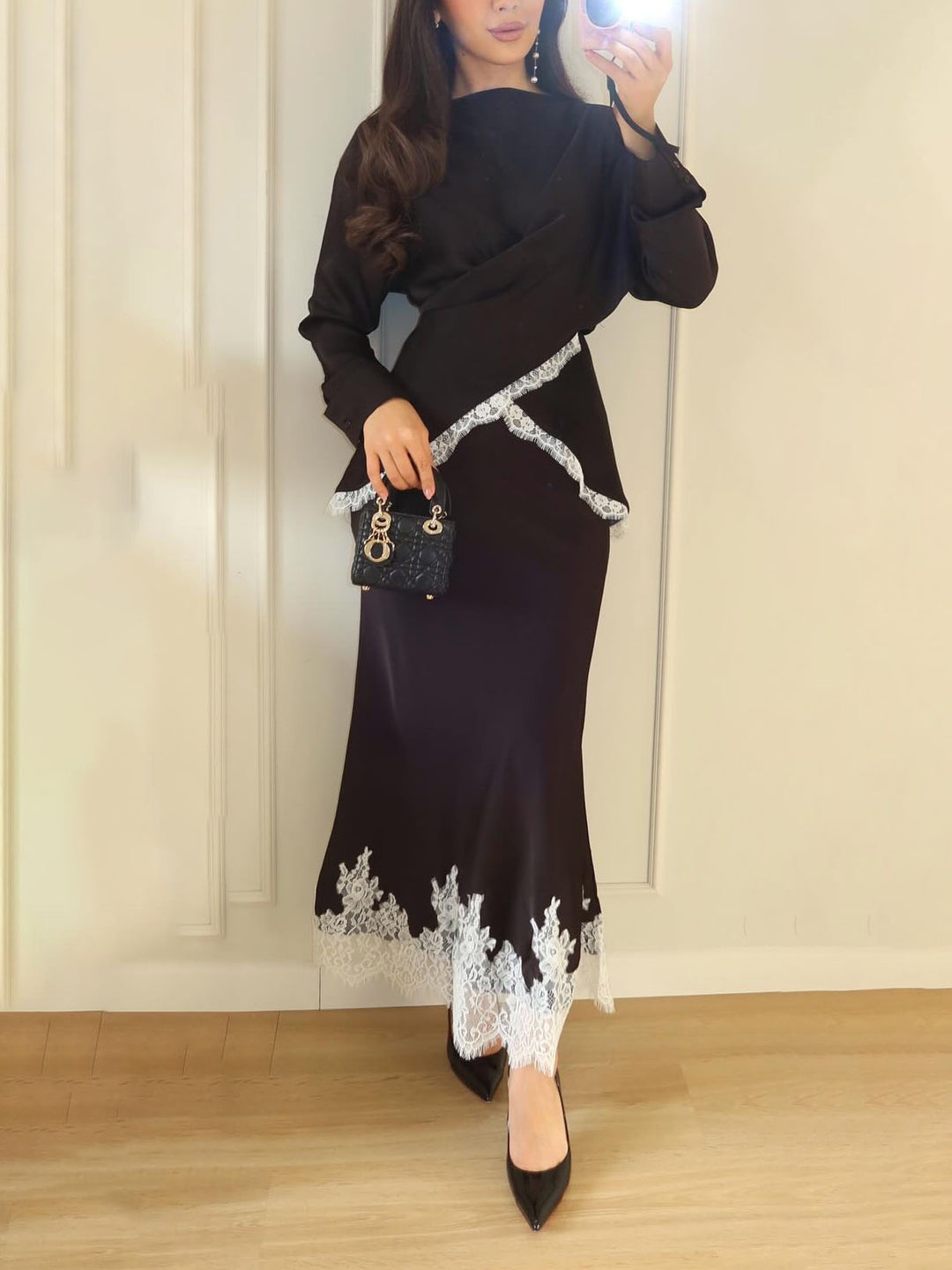 Elegant Satin Lace-trimmed Wrap Top Two-piece Set