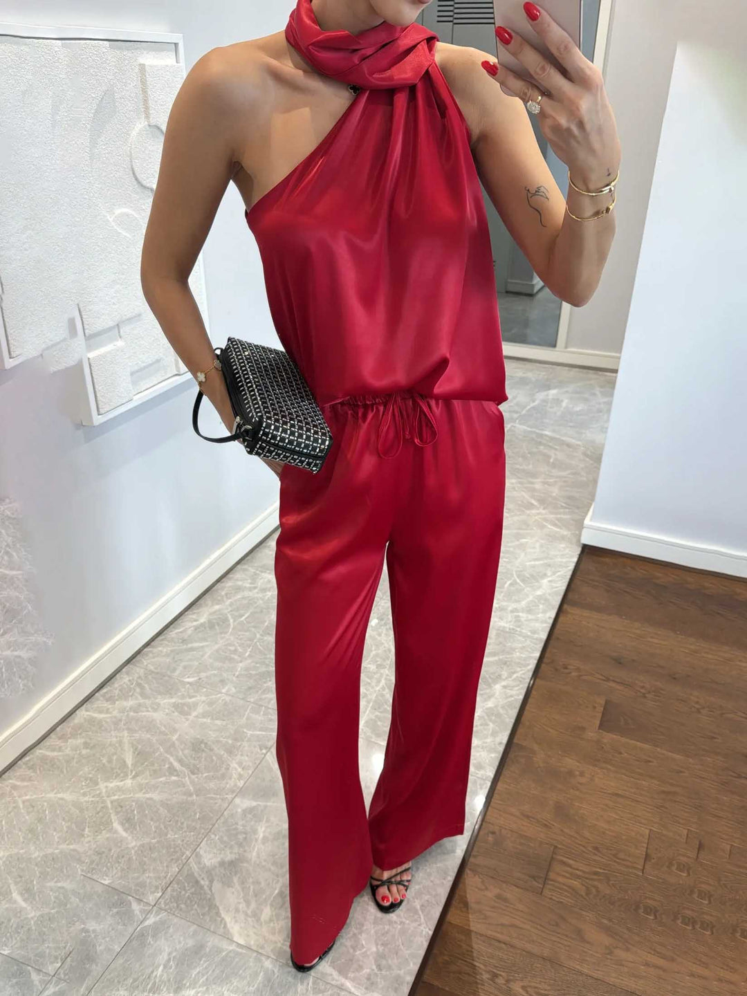 Elegant Satin Ribbon Neckline Top And Pants Two-piece Set