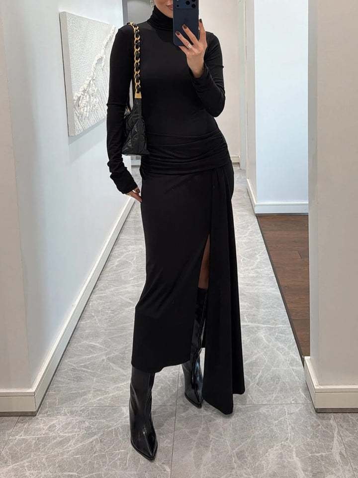 Elegant Black Ruched Waist Slit Maxi Dress