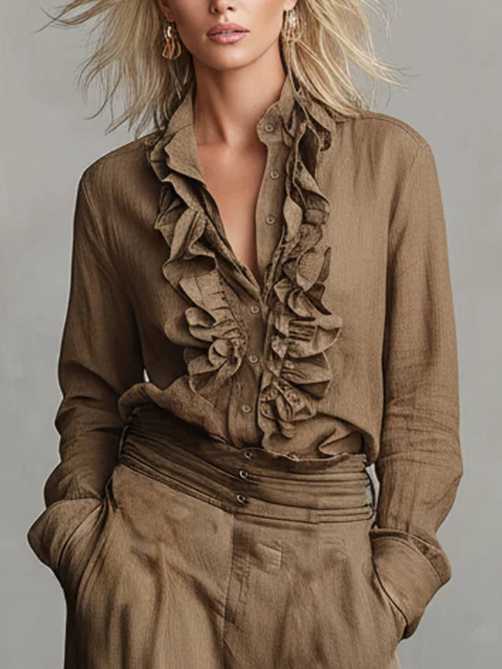 Unique Linen V-Neck Ruffle Collar Shirt