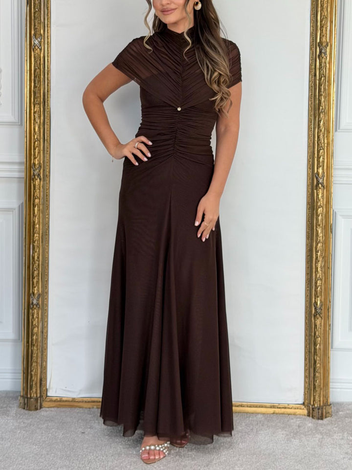 Mesh Pleated Short-sleeved Maxi Dress