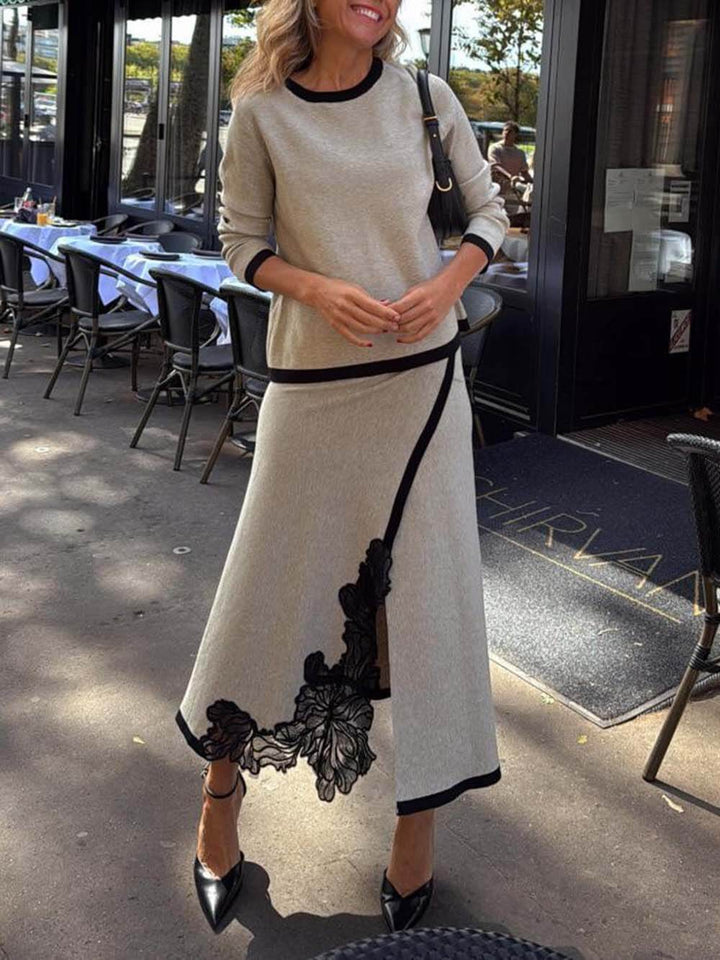 Classic Colorblock Lace Floral Midi Skirt