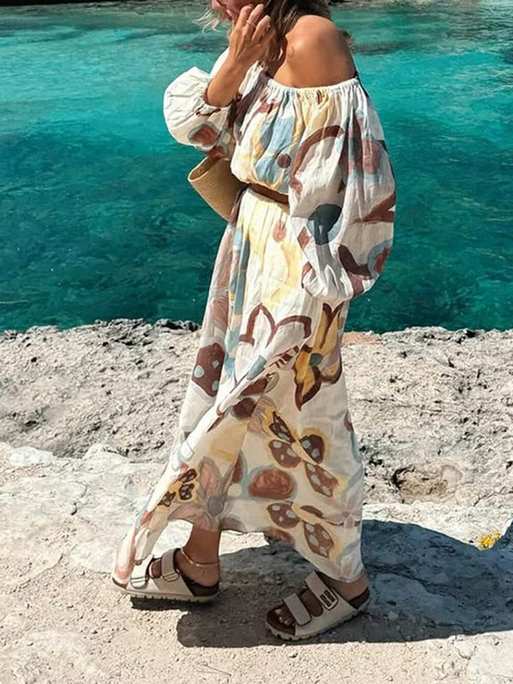 Fashionable Printed Off-Shoulder Lantern Sleeve Ruched Crop Top