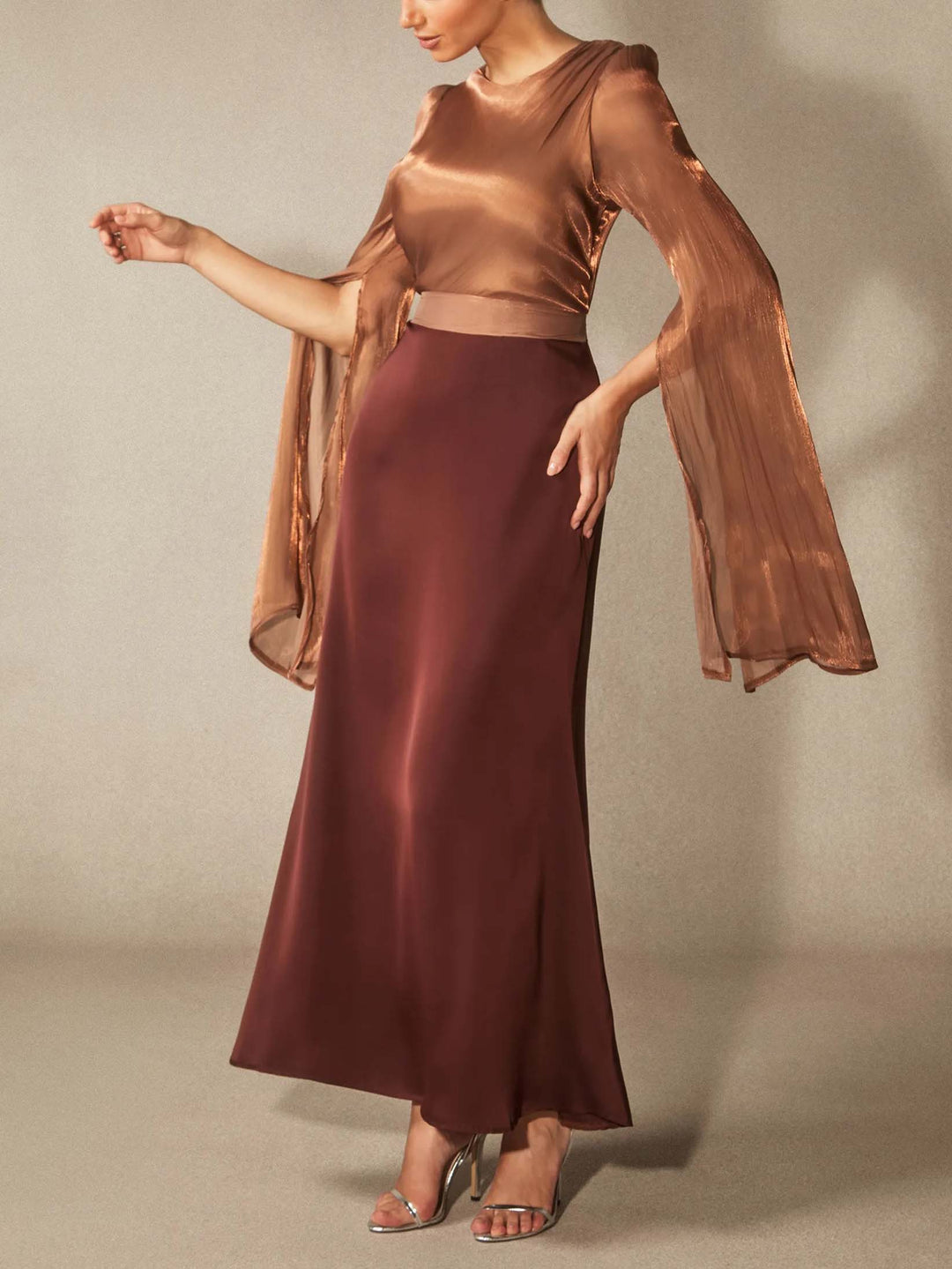 Elegant Satin Cape-Sleeve Maxi Dress