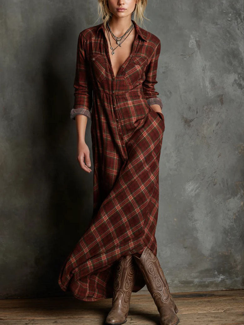 Retro Plaid Collared Single-breasted Shirt Dress