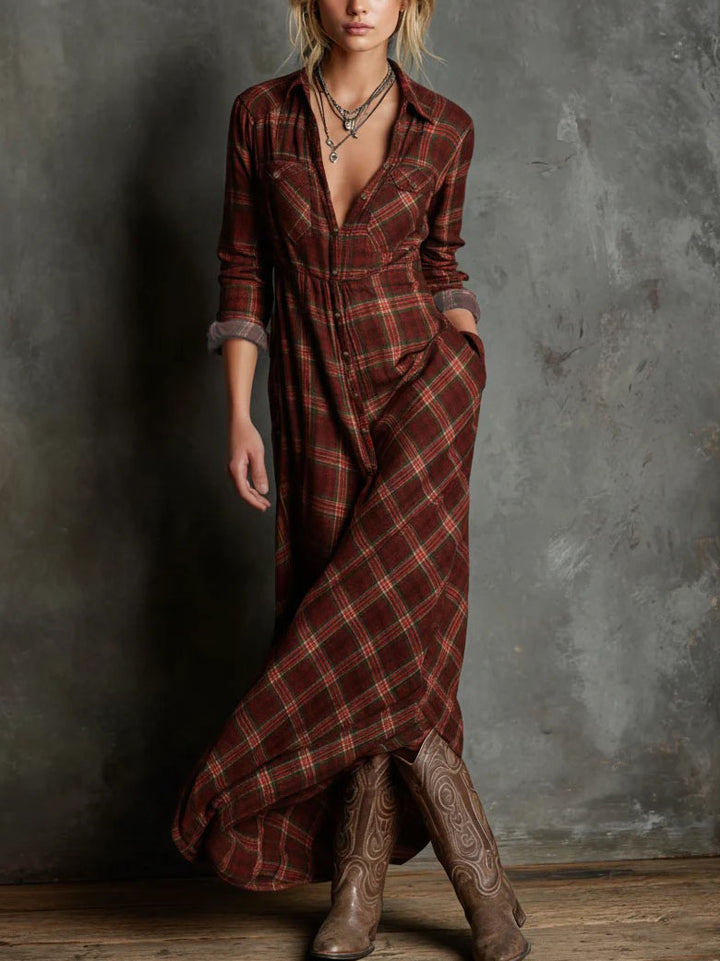 Retro Plaid Collared Single-breasted Shirt Dress
