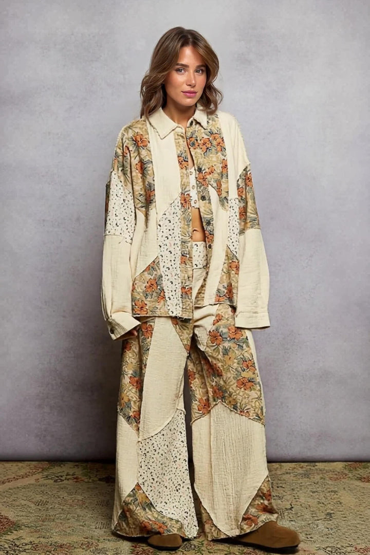 Bohemian Floral Print Patchwork Wide-Leg Pants