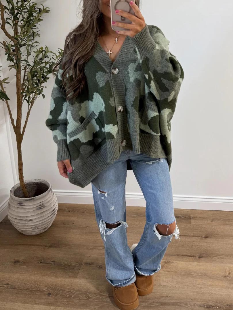 Casual Loose Camouflage Knitted Cardigan