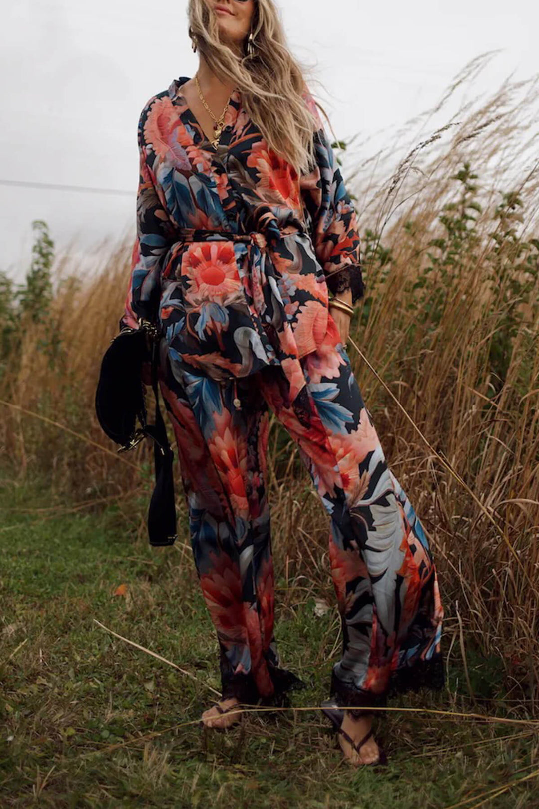 Fashion Lace Patchwork Printed Elastic Waist Wide-Leg Pants