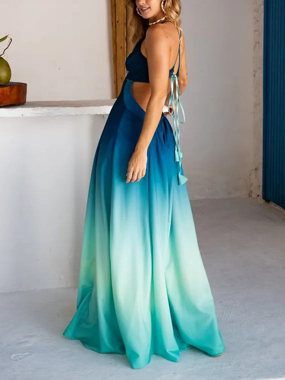Exquisite Gradient Print V-Neck Flowing Maxi Dress