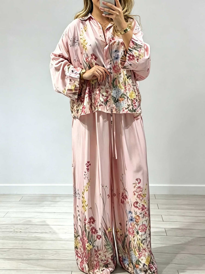 Elegant Floral Print Satin Button Shirt