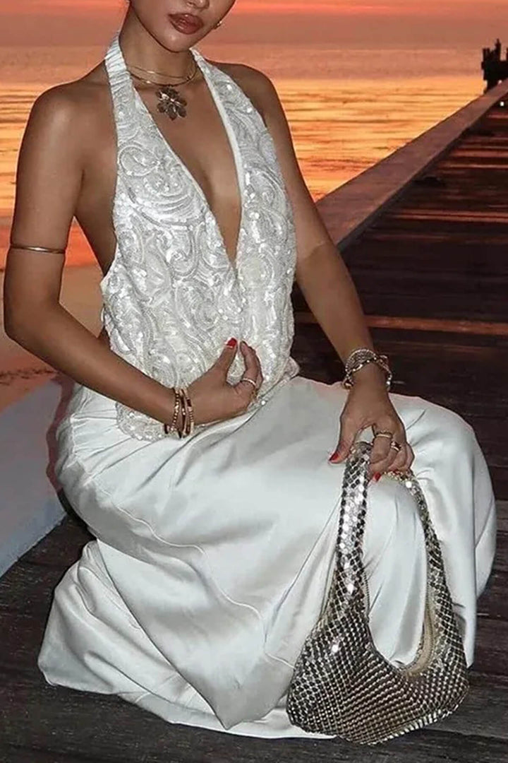 Exquisite Deep V-neck Patterned Backless Camisole Top And Satin Skirt Set