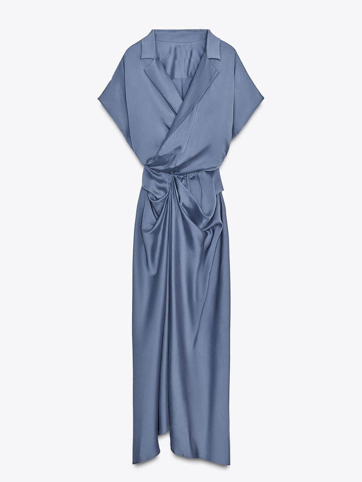 Pleated V-Neck Satin Wrap Maxi Dress