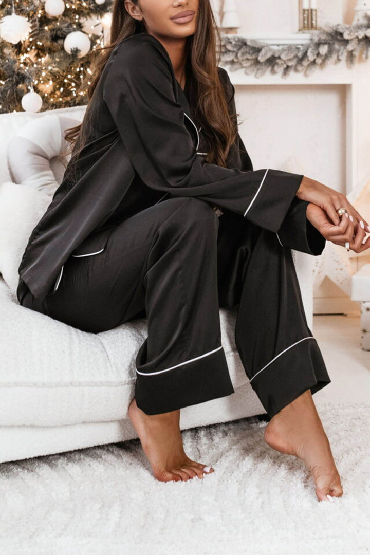 Elegant Satin Collar Top And Elastic Waist Wide-Leg Pants Pajama Set