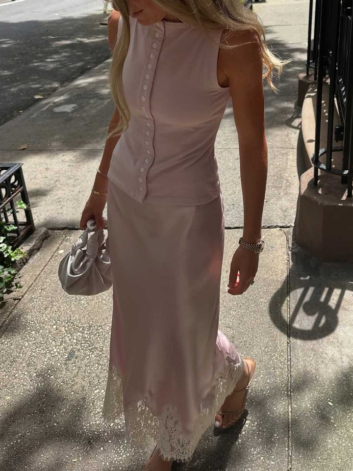 Elegant Satin Lace Hem Midi Skirt