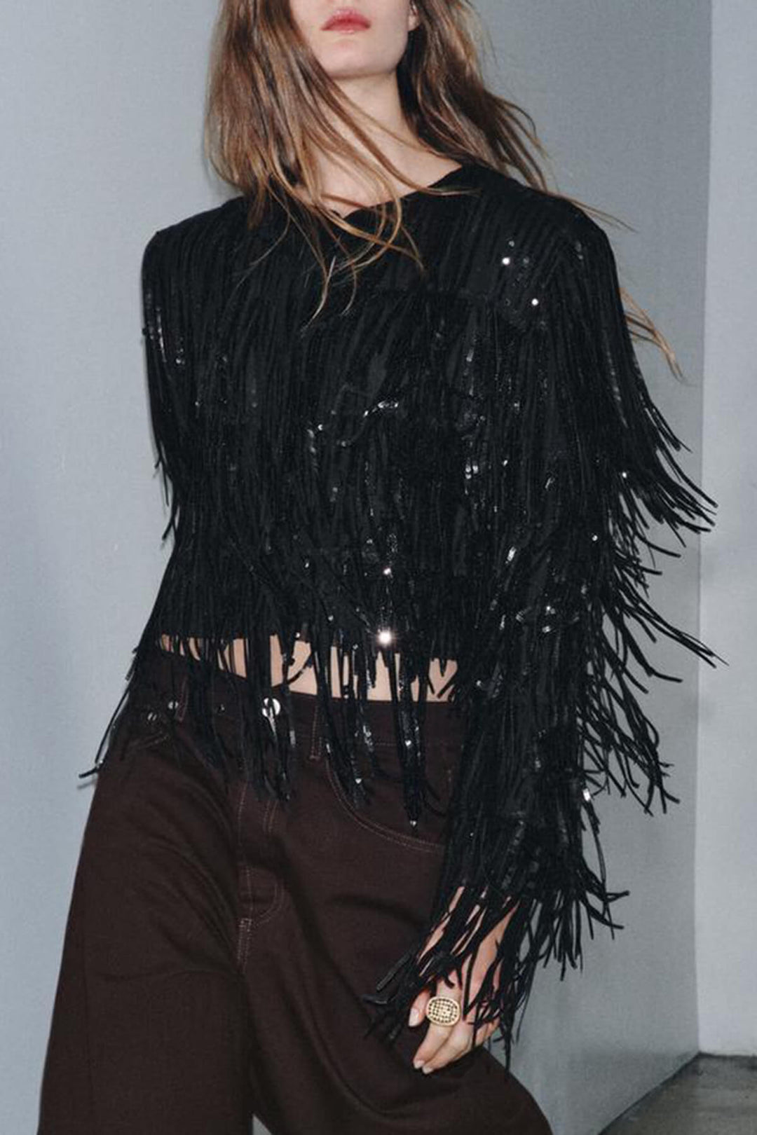 Exquisite Sequin Fringe Long-Sleeve Jacket And Skirt Set