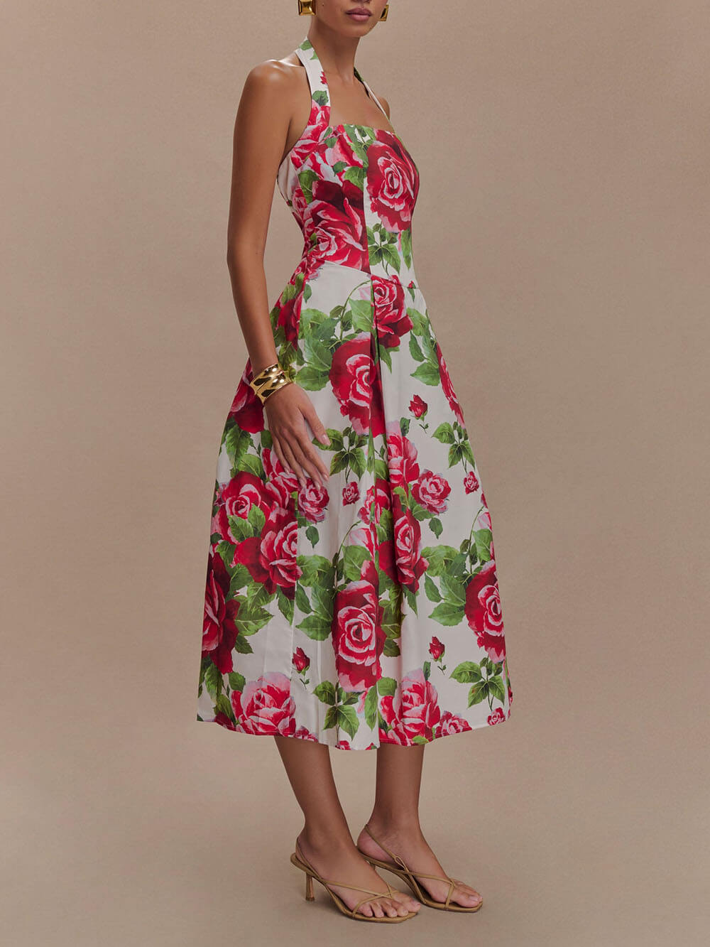 Elegant and Stunning Large Rose Printed Backless Pleated Midi Dress