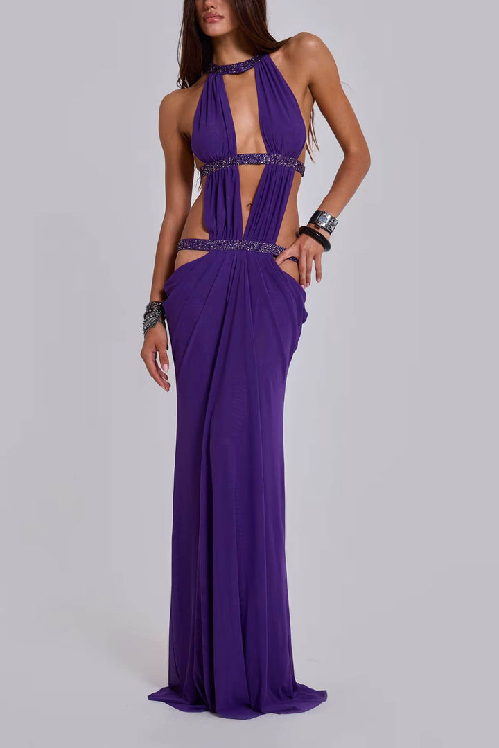 Elegant And Sexy Sequins Rhinestone Shoulder Strap Cutout Design Backless Drape Maxi Dress