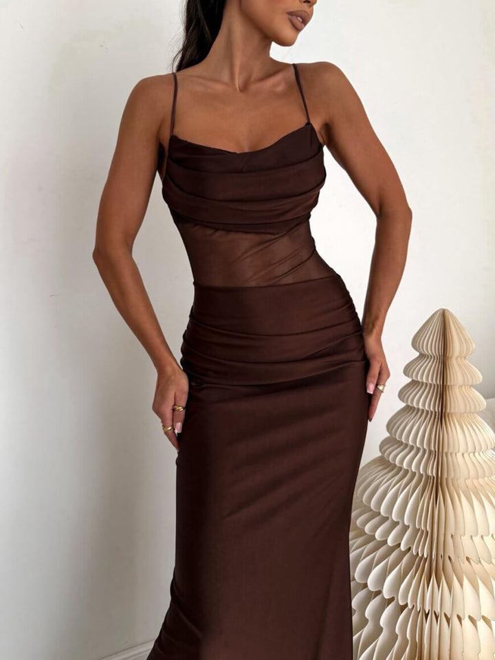 Elegant Off-Shoulder Ribbon Mesh-Panel Spaghetti Strap Maxi Dress