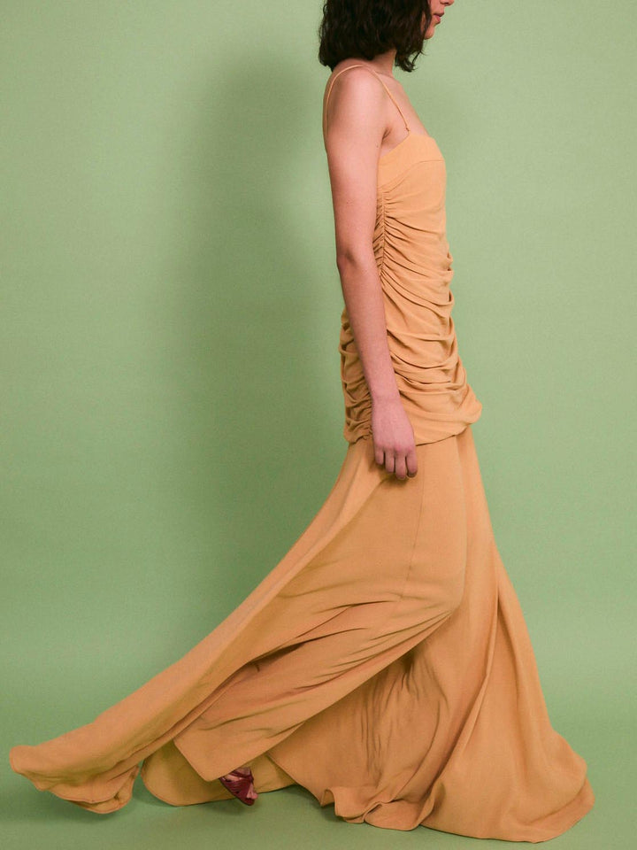 Elegant Ruched Spaghetti Strap Maxi Dress